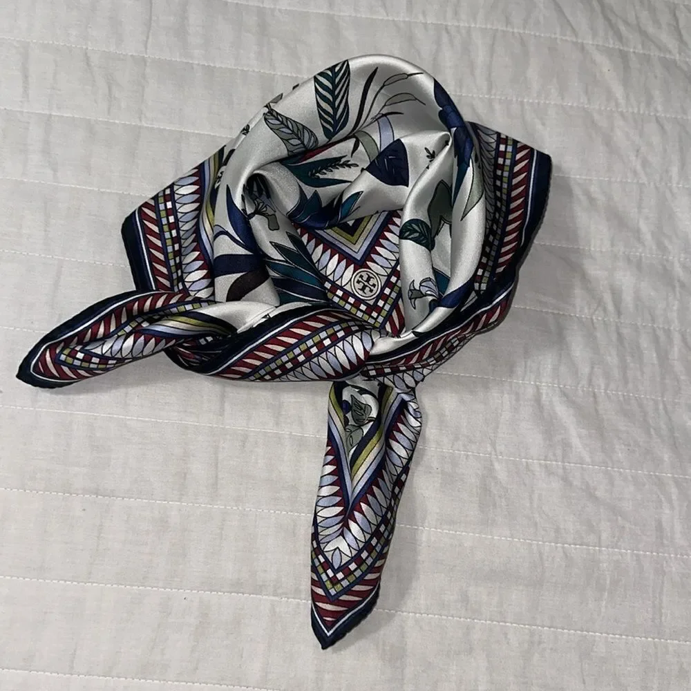 Tory Burch White Navy Green Teal Rust Burgundy Blue Floral Square Scarf